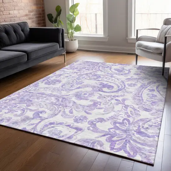 Lavender Ivory And Purple Paisley Washable Indoor Outdoor Area Rug Photo 8