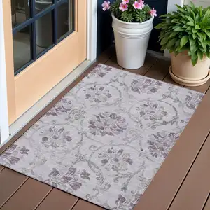 Photo of Lavender Purple And Gray Floral Washable Indoor Outdoor Area Rug