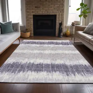 Photo of Lavender Purple And Ivory Striped Washable Indoor Outdoor Area Rug