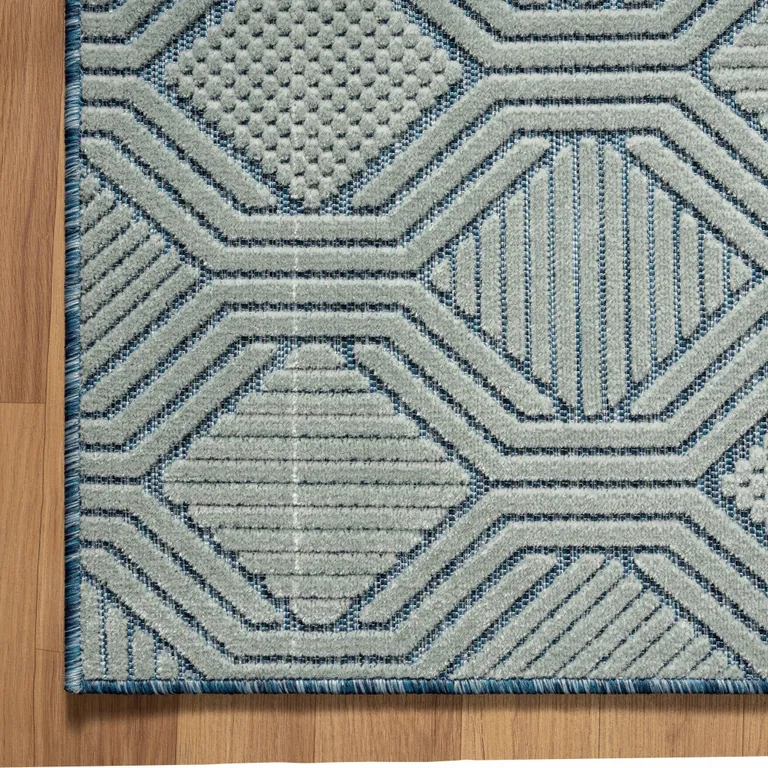 Light Blue And Navy Geometric Stain Resistant Area Rug Photo 3