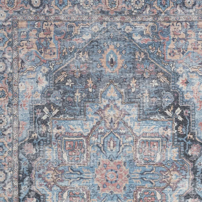 Light Blue And Orange Medallion Distressed Washable Area Rug Photo 3