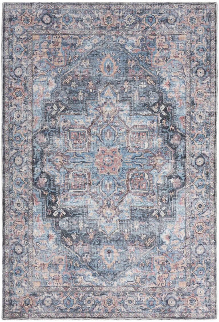 Light Blue And Orange Medallion Distressed Washable Area Rug Photo 1