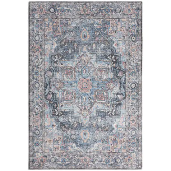 Light Blue And Orange Medallion Distressed Washable Area Rug Photo 1