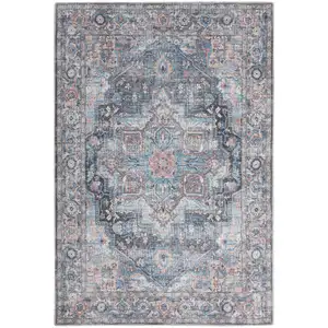 Photo of Light Blue And Orange Medallion Distressed Washable Area Rug