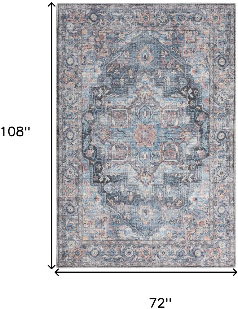 Light Blue And Orange Medallion Distressed Washable Area Rug Photo 5