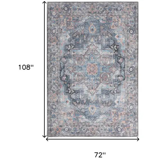 Light Blue And Orange Medallion Distressed Washable Area Rug Photo 5