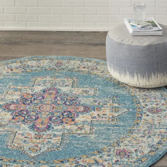 Light Blue Distressed Medallion Area Rug Photo 6