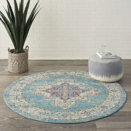 4' Light Blue Round Southwestern Power Loom Area Rug Photo 7