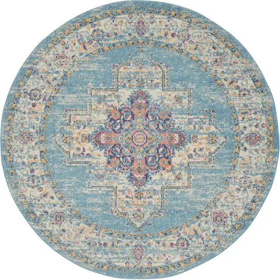 5' Light Blue Round Southwestern Power Loom Area Rug Photo 4