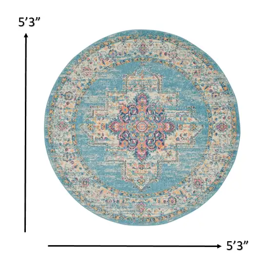 Light Blue Distressed Medallion Area Rug Photo 4