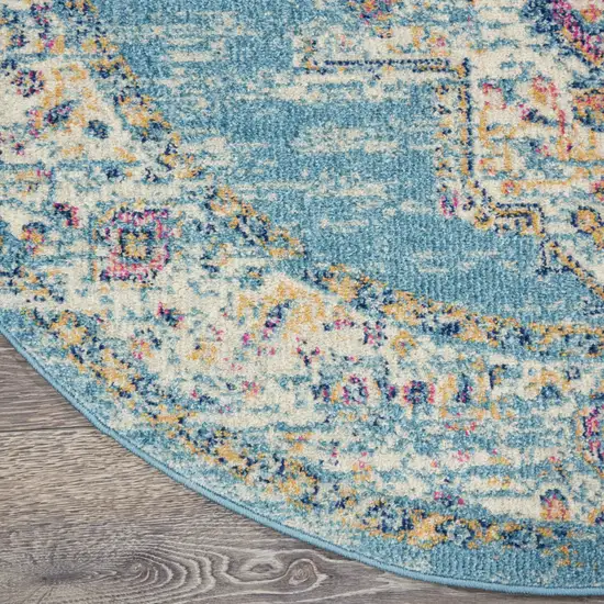 5' Light Blue Round Southwestern Power Loom Area Rug Photo 9