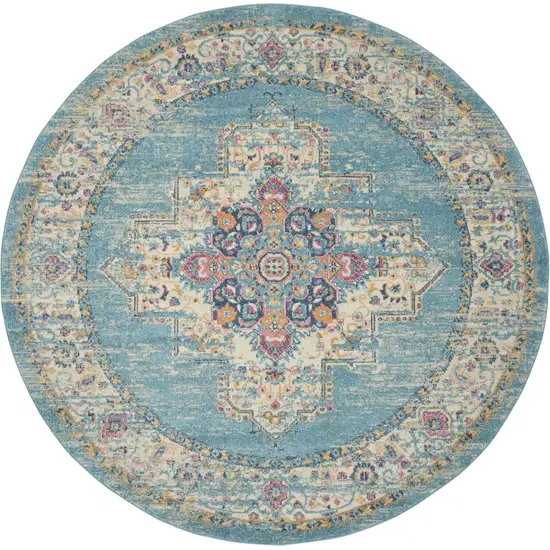 8' Light Blue Round Southwestern Power Loom Area Rug Photo 4