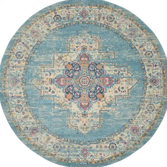 8' Light Blue Round Southwestern Power Loom Area Rug Photo 3