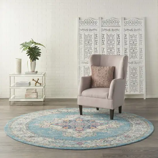 Light Blue Distressed Medallion Area Rug Photo 5