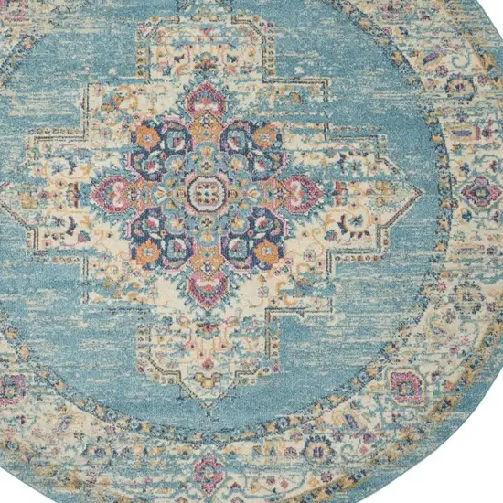 8' Light Blue Round Southwestern Power Loom Area Rug Photo 2