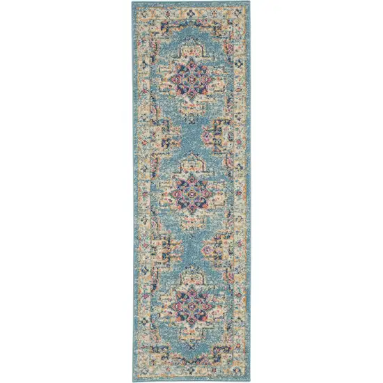 Light Blue Distressed Medallion Runner Rug Photo 1