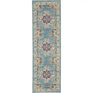 Photo of Light Blue Distressed Medallion Runner Rug