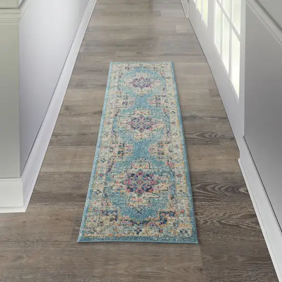 Light Blue Distressed Medallion Runner Rug Photo 5