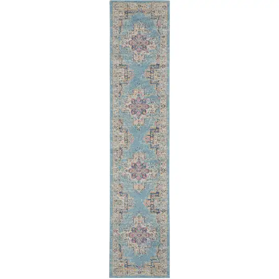 Light Blue Distressed Medallion Runner Rug Photo 1