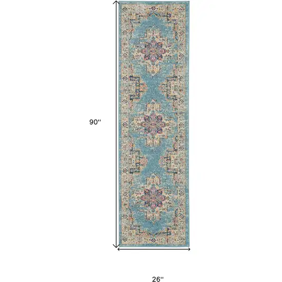 8' Blue And Ivory Southwestern Distressed Runner Rug Photo 9