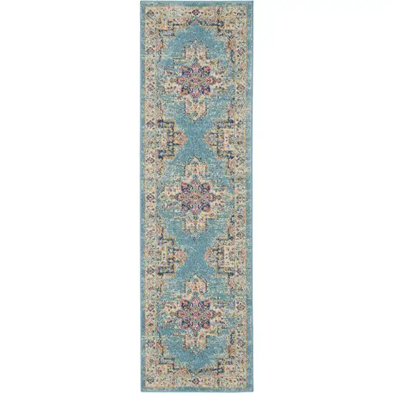 8' Blue And Ivory Southwestern Distressed Runner Rug Photo 1