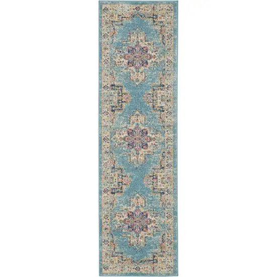 Light Blue Distressed Medallion Runner Rug Photo 1