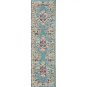 Photo of Light Blue Distressed Medallion Runner Rug