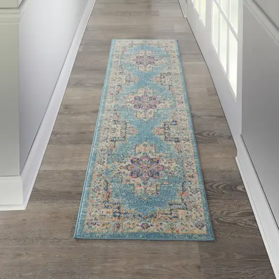 Light Blue Distressed Medallion Runner Rug Photo 5