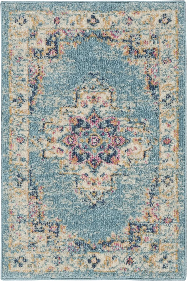 Light Blue Distressed Medallion Scatter Rug Photo 1