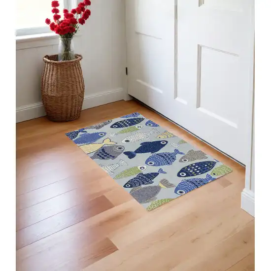 Blue and Ivory Fish Hand Tufted Area Rug Photo 1