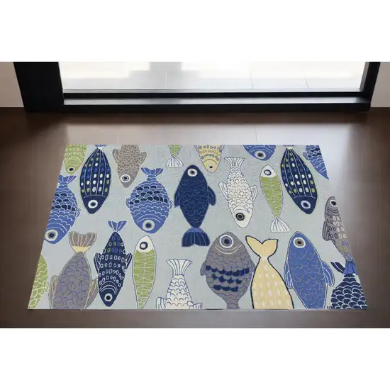 2'X3' Light Blue Hand Hooked Oversized Sea Of Fish Indoor Accent Rug Photo 1