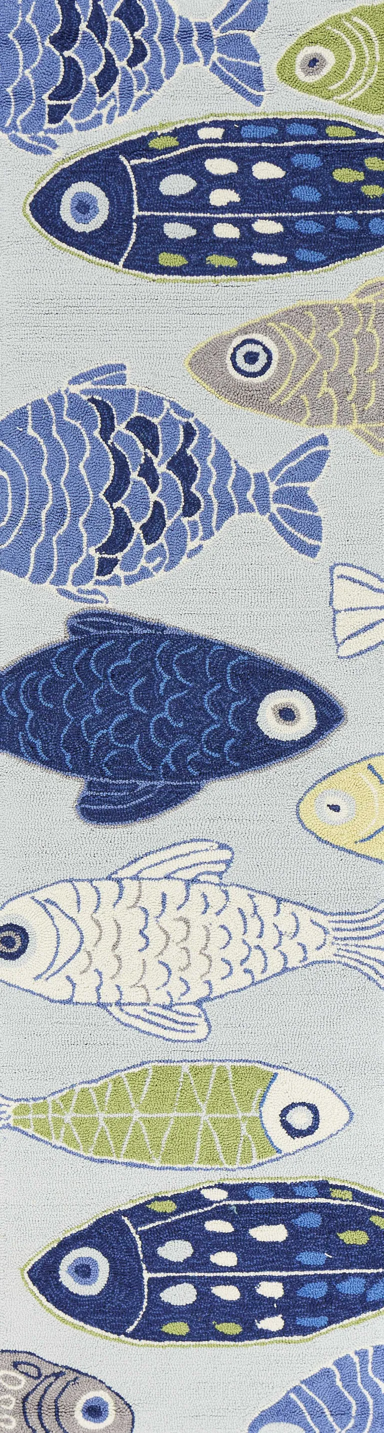 Light Blue Hand Hooked Oversized Sea Of Fish Indoor Runner Rug Photo 1