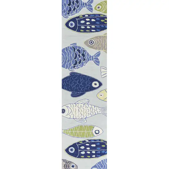 Light Blue Hand Hooked Oversized Sea Of Fish Indoor Runner Rug Photo 1