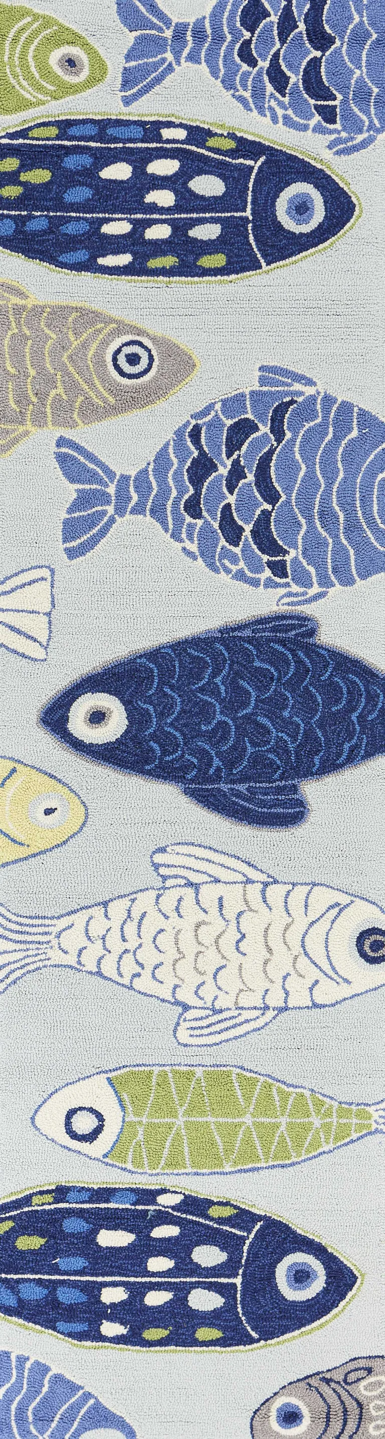 Light Blue Hand Hooked Oversized Sea Of Fish Indoor Runner Rug Photo 5