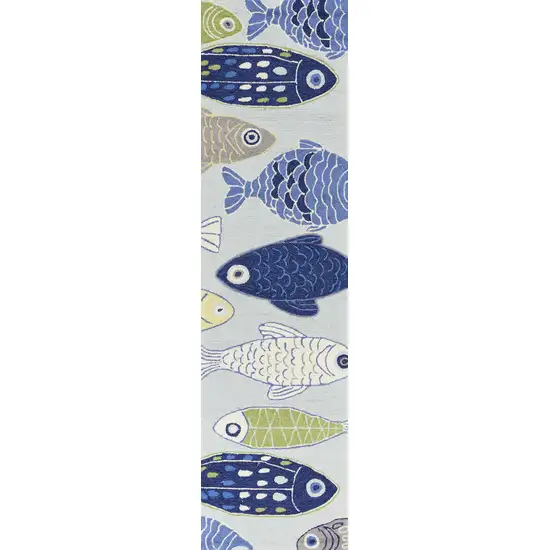 Light Blue Hand Hooked Oversized Sea Of Fish Indoor Runner Rug Photo 5