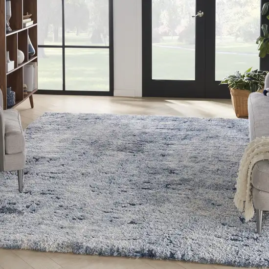 Light Blue Navy Blue and Beige Abstract Shag Area Rug Photo 9