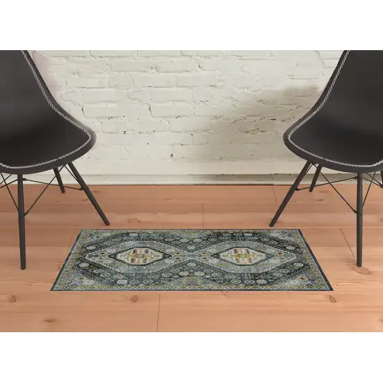 Light Blue Navy Gold Ivory And Grey Oriental Power Loom Stain Resistant Area Rug With Fringe Photo 2