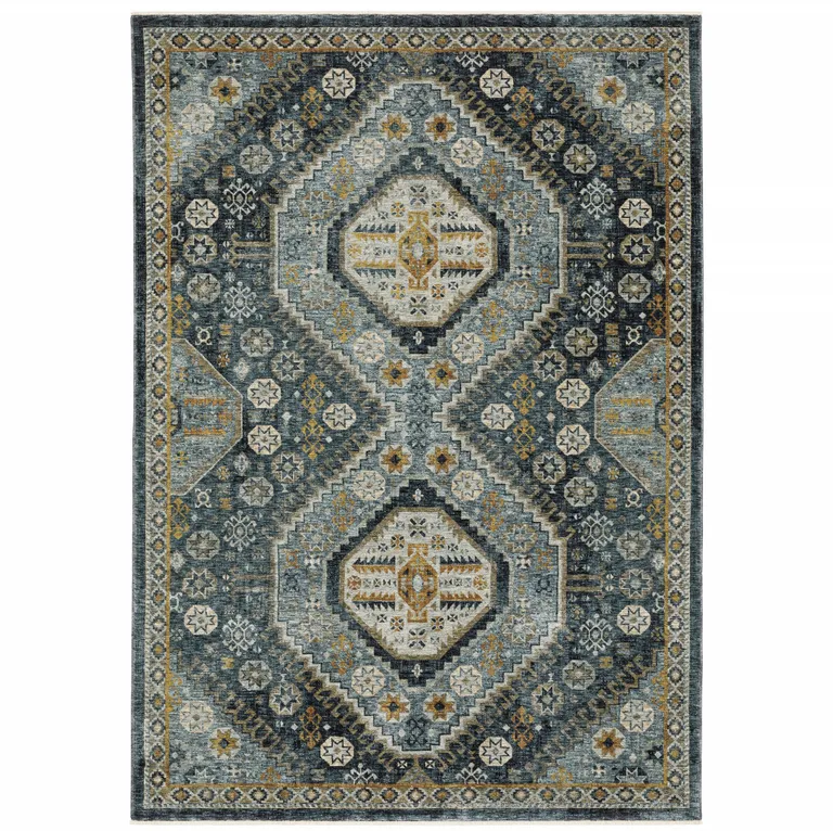 Light Blue Navy Gold Ivory And Grey Oriental Power Loom Stain Resistant Area Rug With Fringe Photo 1