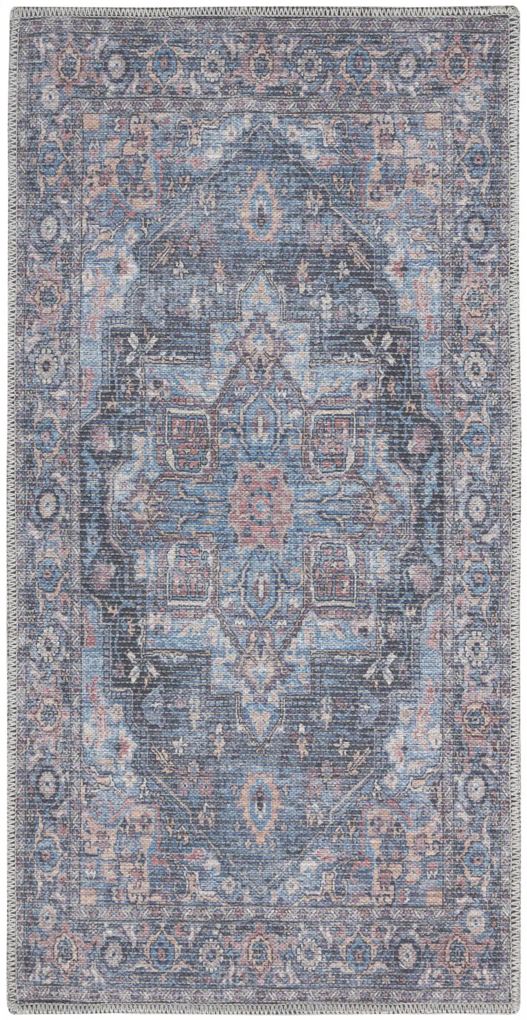 Light Blue Oriental Power Loom Distressed Washable Area Rug Photo 1