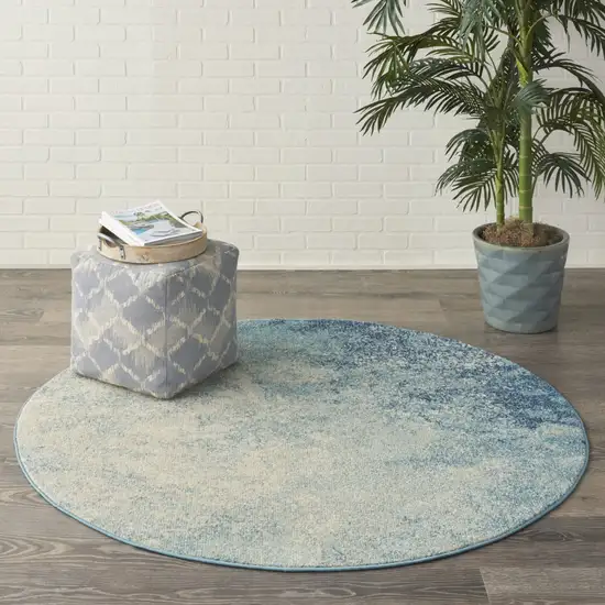 4' Blue And Ivory Abstract Round Rug Photo 4