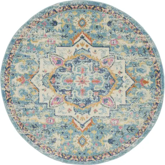 5' Blue And Ivory Round Dhurrie Area Rug Photo 4