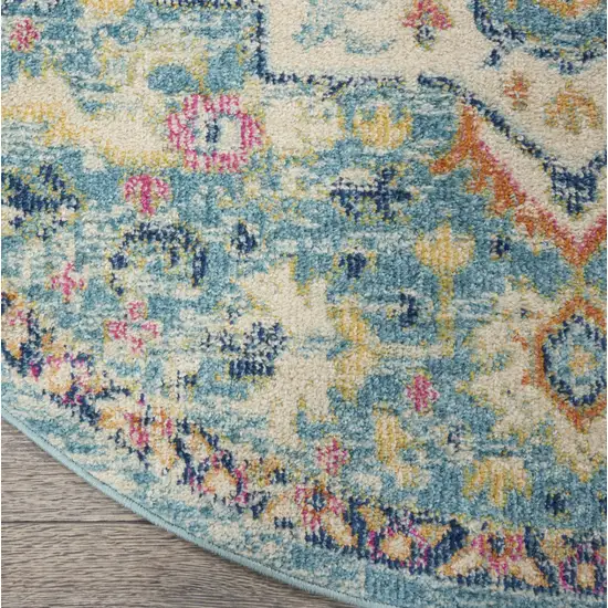 5' Blue And Ivory Round Dhurrie Area Rug Photo 9