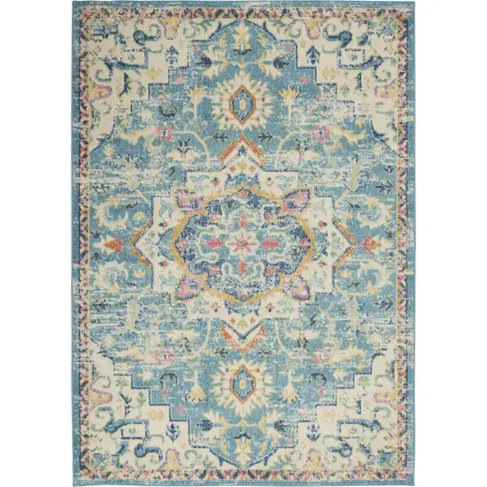 Ivory And Turquoise Oriental Distressed Area Rug Photo 2