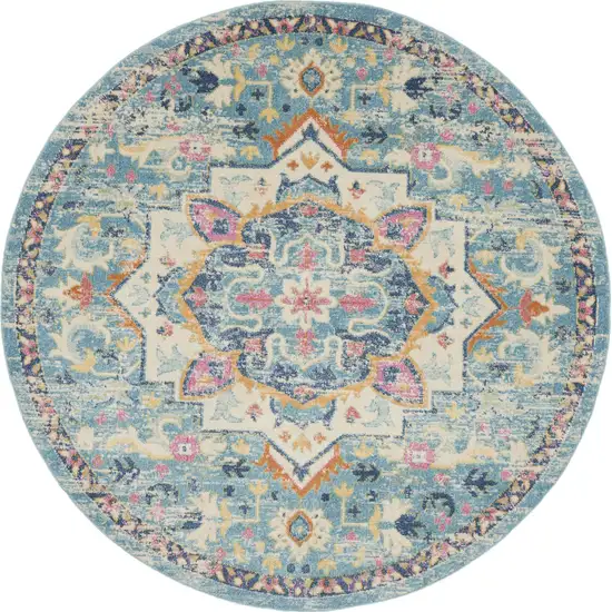 8' Blue And Ivory Round Dhurrie Area Rug Photo 4