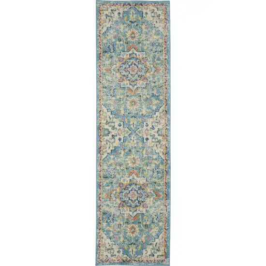 Light Blue and Ivory Distressed Runner Rug Photo 1