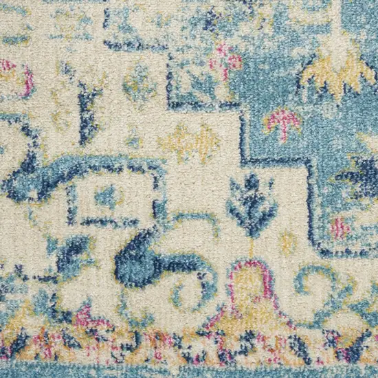 6' Ivory And Blue Oriental Distressed Runner Rug Photo 6