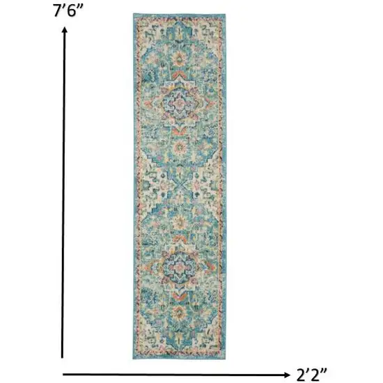 Light Blue and Ivory Distressed Runner Rug Photo 4