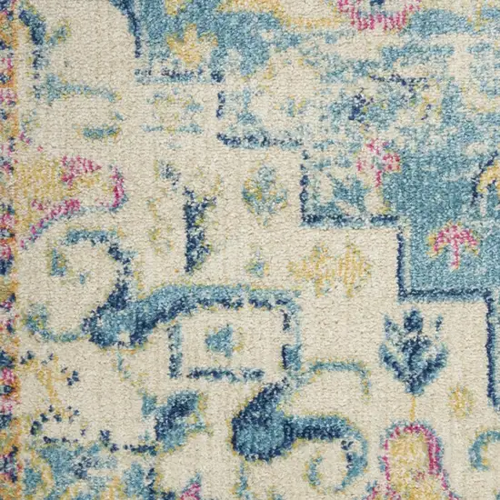 8' Ivory And Blue Oriental Distressed Runner Rug Photo 6