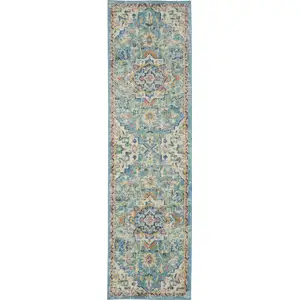 Photo of Light Blue and Ivory Distressed Runner Rug