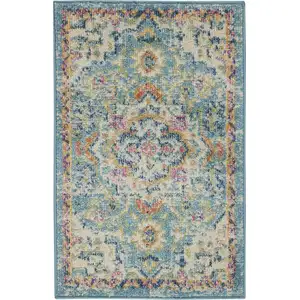 Photo of Light Blue and Ivory Distressed Scatter Rug